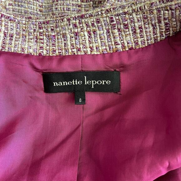 Nanette Lepore Womens 8 Tweed Blazer Jacket Career Purple Tan White Fringe Edge - Picture 2 of 12